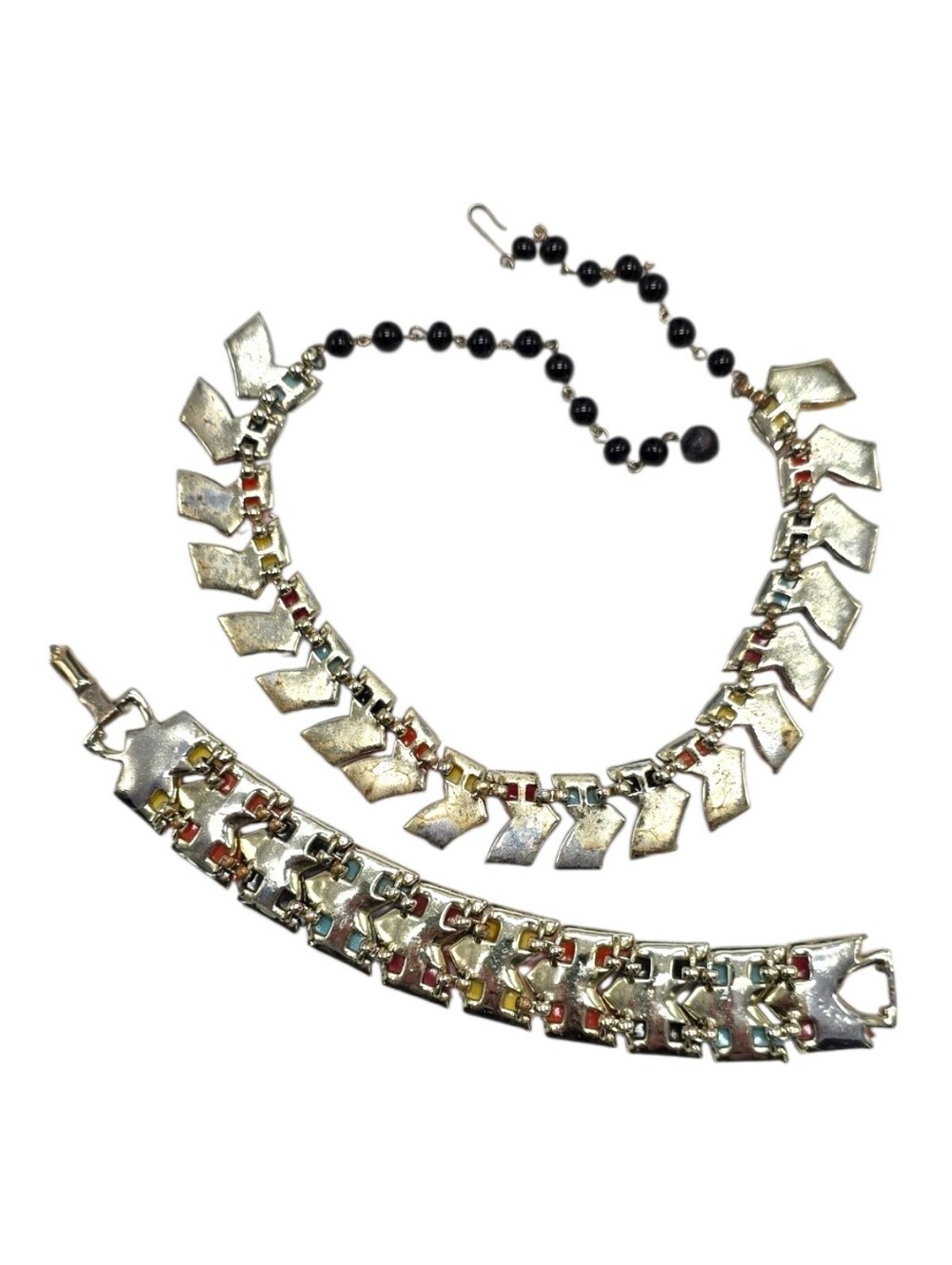 1950's Vintage Coro Thermoset Necklace & Bracelet Set • Colorful Chevron Links - Picture 6 of 9
